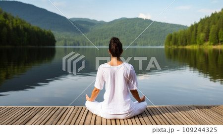 Tranquil woman meditates sitting in lotus pose on pier by calm river on autumn day Tranquil woman meditates sitting in lotus pose on pier by calm river on autumn day 109244325