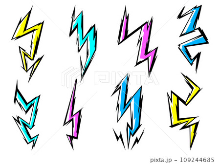 Set of cartoon lightnings. Grunge graffiti stylized image of natural phenomenon. Set of cartoon lightnings. Grunge graffiti stylized image of natural phenomenon. 109244685