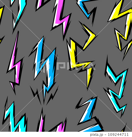 Pattern with cartoon lightnings. Grunge graffiti stylized image of natural phenomenon. Pattern with cartoon lightnings. Grunge graffiti stylized image of natural phenomenon. 109244711