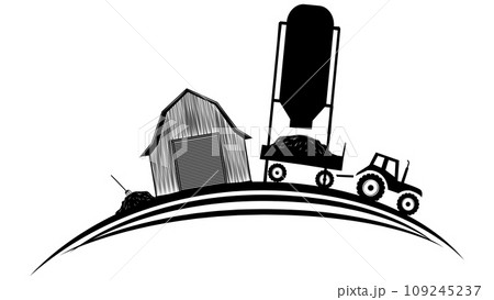 Set of silhouette scenes from farm life with fields, barns and machinery on rounded land isolated on white background. Rural clipart. Set of silhouette scenes from farm life with fields, barns and machinery on rounded land isolated on white background. Rural clipart. 109245237