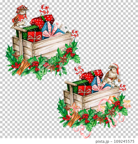 Christmas gifts in the wooden cart. Watercolor hand drawn illustration for invitations, greeting cards, prints, packaging and more. Merry Christmas and happy new year. 109245575