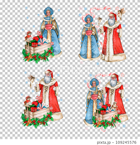 Watercolor illustration of Santa Claus ,Snow maiden and cart with Christmas gifts. Greeting New Year's card, Santa Claus with long white beard.Santa in red coat with white ornament. Handmade painting. Watercolor illustration of Santa Claus ,Snow maiden and cart with Christmas gifts. Greeting New Year's card, Santa Claus with long white beard.Santa in red coat with white ornament. Handmade painting. 109245576