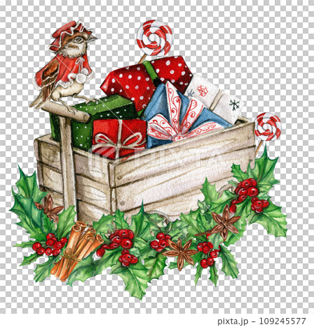 Christmas gifts in the wooden cart. Watercolor hand drawn illustration for invitations, greeting cards, prints, packaging and more. Merry Christmas and happy new year. 109245577