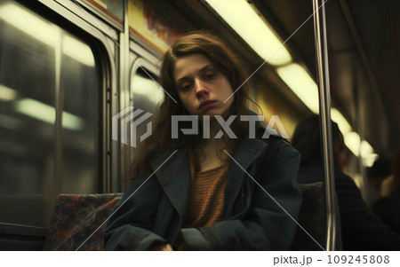 A tired woman rides public transportation and sleeps. A tired woman rides public transportation and sleeps. 109245808
