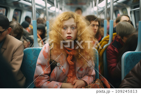 A tired woman rides public transportation and sleeps. 109245813