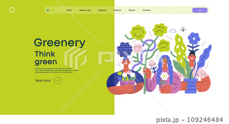 Greenery, ecology -modern flat vector concept illustration of people surrounded by plants and flowers. Metaphor of environmental sustainability and protection, closeness to nature Greenery, ecology -modern flat vector concept illustration of people surrounded by plants and flowers. Metaphor of environmental sustainability and protection, closeness to nature 109246484