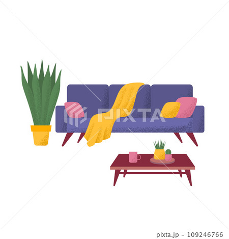 Cartoon Color Sofa, Table and Houseplant Potted Set Element Home Inside Interior Concept Flat Design Style. Vector illustration 109246766