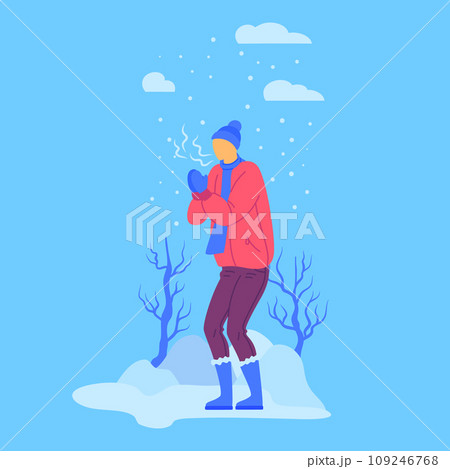 Cartoon Character Man and Cold Weather Concept Flat Design Style on a Blue Background. Vector illustration 109246768
