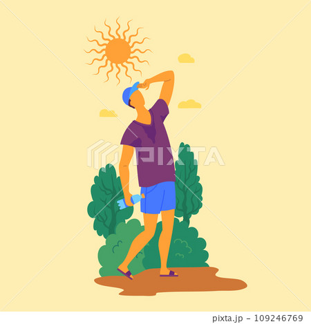 Cartoon Character Man and Hot Weather Concept Flat Design Style on a Yellow Background. Vector illustration 109246769