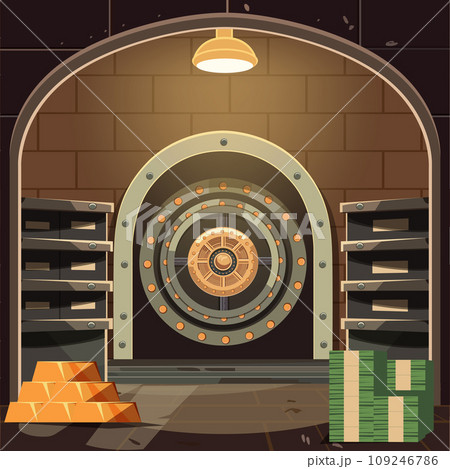 Cartoon Color Bank Vault Interior Inside Scene Concept Flat Design Style Gold, Cash and Currency Finance Storage. Vector illustration 109246786