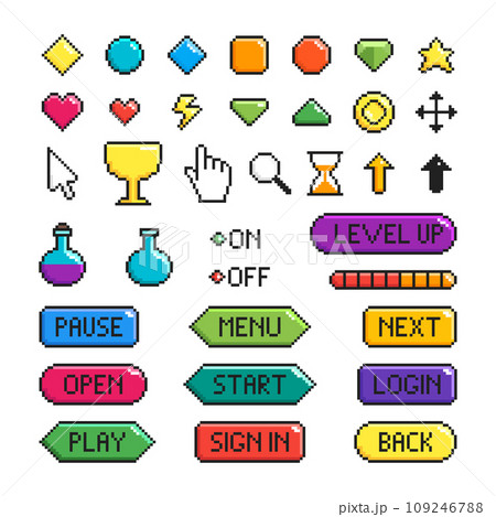 Cartoon Color Pixel Game Button Icon Set Elements Interface Bar Concept Flat Design Style. Vector illustration of Gaming Menu Buttons Icons 109246788