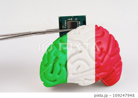 On a white background, a model of the brain with a picture of a flag - Italy, a microcircuit, a processor, is implanted into it. 109247948