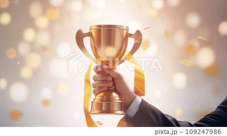 Hand of businessman rise and holding a golden trophy by Generative AI Hand of businessman rise and holding a golden trophy by Generative AI 109247986