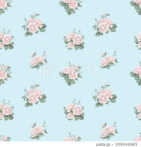 Ligth pink roses seamless pattern. Ligth cream roses arrangement. collection garden flowers and leaves. watercolor hand painting illustration on isolate background. For wedding invitations Ligth pink roses seamless pattern. Ligth cream roses arrangement. collection garden flowers and leaves. watercolor hand painting illustration on isolate background. For wedding invitations 109248965