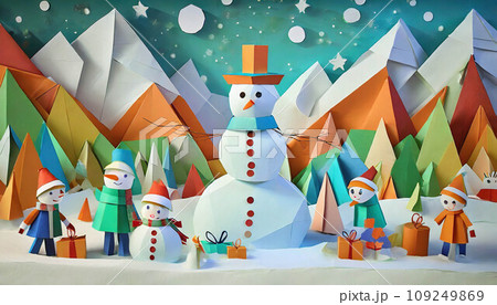 Snowman in winter landscape, Christmas decoration card, Merry Christmas illustration, ai generated 109249869