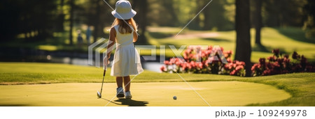 Child with a golf club learning to play golf in golf 109249978