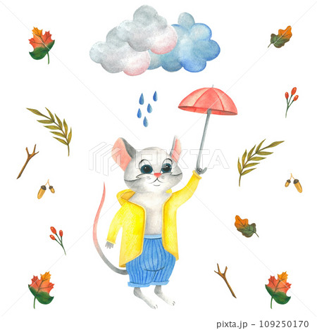 Watercolor illustration seamless pattern of a gray mouse in a yellow raincoat and blue pants with an open red umbrella and autumn leaves, clouds, rain. Isolated on a white background, hand drawn 109250170