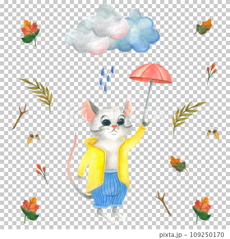 Watercolor illustration seamless pattern of a gray mouse in a yellow raincoat and blue pants with an open red umbrella and autumn leaves, clouds, rain. Isolated on a white background, hand drawn 109250170