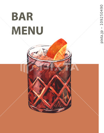 Watercolor summer cocktail Negroni. Hand-drawn illustration isolated on white background. Perfect for recipe lists with alcoholic drinks, brochures for cafe Watercolor summer cocktail Negroni. Hand-drawn illustration isolated on white background. Perfect for recipe lists with alcoholic drinks, brochures for cafe 109250490