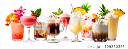 Set and collection of classic alcohol cocktails or mocktail isolated on white background with fresh summer fruits Set and collection of classic alcohol cocktails or mocktail isolated on white background with fresh summer fruits 109250565