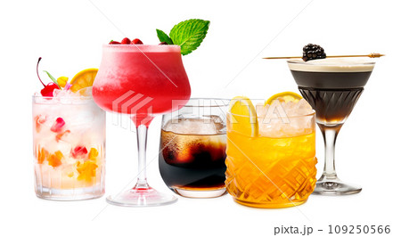 Set and collection of classic alcohol cocktails or mocktail isolated on white background with fresh summer fruits 109250566