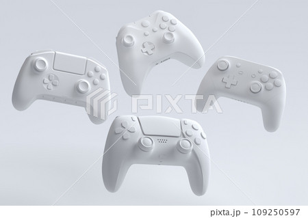 Set of flying gamer joysticks or gamepads on monochrome background 109250597