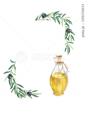 Olive tree square vertical frame. Black olives and branches, oil in glass jug. Hand drawn watercolor botanical illustration isolated on white background. Can be used for cards, menu or logos. 109250633
