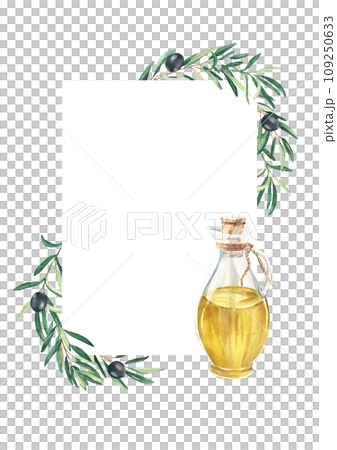 Olive tree square vertical frame. Black olives and branches, oil in glass jug. Hand drawn watercolor botanical illustration isolated on white background. Can be used for cards, menu or logos. 109250633