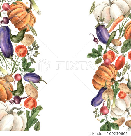 Watercolor frame from a set of vegetables: pumpkin, eggplant, onions, beets, peppers, radishes, dill, carrots, peas, potatoes, parsley, spinach, watercolor. Template, large composition for design, Watercolor frame from a set of vegetables: pumpkin, eggplant, onions, beets, peppers, radishes, dill, carrots, peas, potatoes, parsley, spinach, watercolor. Template, large composition for design, 109250662