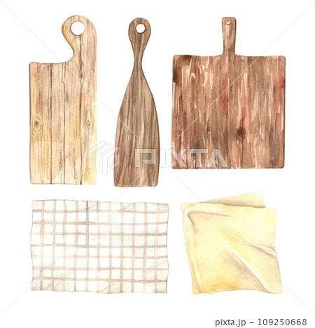Set of illustrations of watercolor kitchen towels and cutting boards. Hand drawn textile napkin and wooden boards isolated on background. Sketch for a culinary blog, cookbook, recipes. 109250668