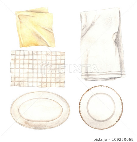 Set of illustrations of watercolor kitchen towels and utensils. Hand-drawn different textile napkins and ceramic plates of round and oval shapes, isolated on the background. Sketch for a culinary blog 109250669