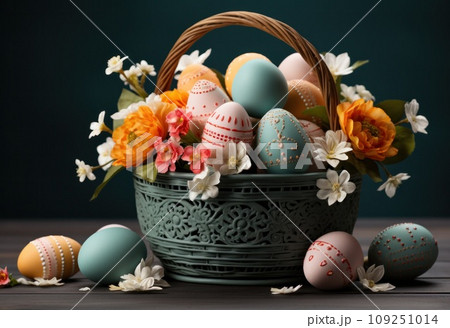 easter decorated wicker basket with eggs and spring decor, 109251014