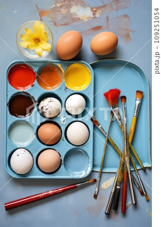 an easter tray contains paint and eggs, 109251054