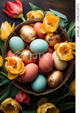easter basket with colorful eggs and tulips, 109251071