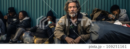 Homeless people on the streets of a sunny city 109251161