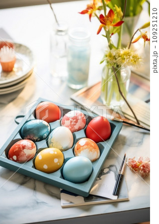 an easter tray contains paint and eggs, an easter tray contains paint and eggs, 109251210