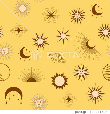 Magic seamless pattern with constellations, sun, moon, magic eyes, clouds and stars. Mystical esoteric 109251302