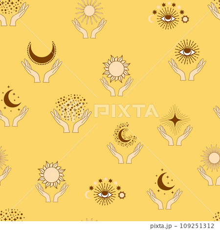 Magic seamless pattern with constellations, sun, moon, magic eyes, clouds and stars. Mystical esoteric 109251312
