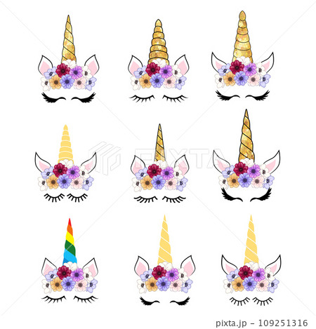 Cute unicorn head with flower crown. 109251316
