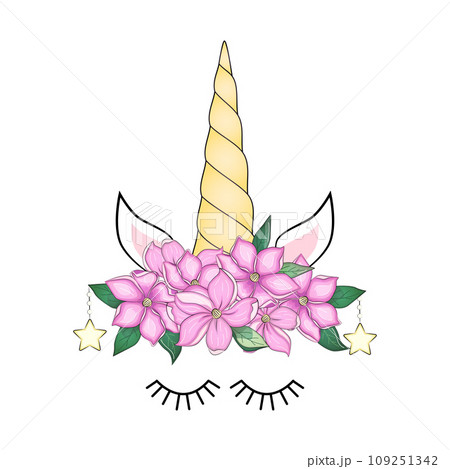 Cute unicorn head with flower crown. Cute unicorn head with flower crown. 109251342
