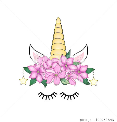 Cute unicorn head with flower crown. Cute unicorn head with flower crown. 109251343