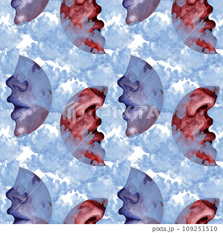 Seamless pattern of watercolor moon and crescents with the outlines of a kiss between two lovers in different colors. Hand drawn illustration for Valentine's Day, wedding, engagement day Seamless pattern of watercolor moon and crescents with the outlines of a kiss between two lovers in different colors. Hand drawn illustration for Valentine's Day, wedding, engagement day 109251510
