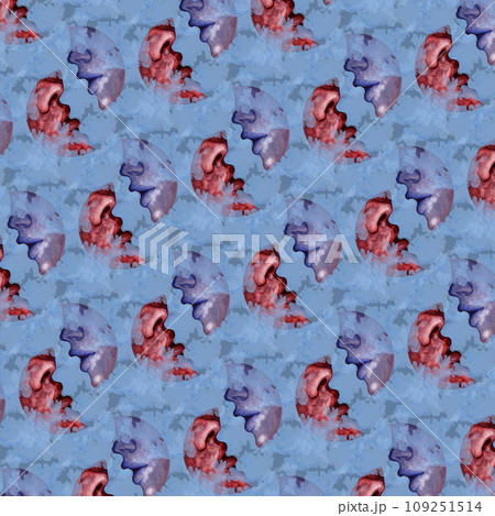 Seamless pattern of watercolor moon and crescents with the outlines of a kiss between two lovers in different colors. Hand drawn illustration for Valentine's Day, wedding, engagement day 109251514