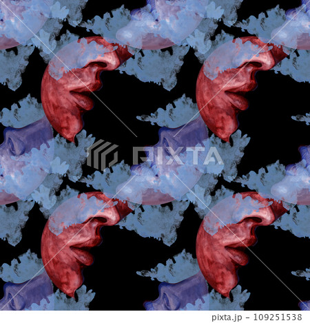 Seamless pattern of watercolor moon and crescents with the outlines of a kiss between two lovers in different colors. Hand drawn illustration for Valentine's Day, wedding, engagement day 109251538