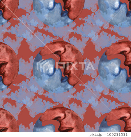 Seamless pattern of watercolor moon and crescents with the outlines of a kiss between two lovers in different colors. Hand drawn illustration for Valentine's Day, wedding, engagement day 109251551