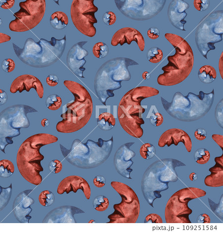 Seamless pattern of watercolor moon and crescents with the outlines of a kiss between two lovers in different colors. Hand drawn illustration for Valentine's Day, wedding, engagement day 109251584