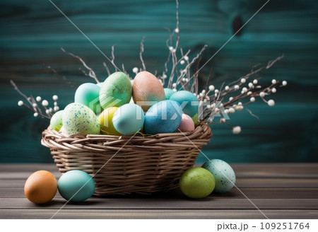 colorful wicker basket with Easter eggs inside for springEaster 109251764