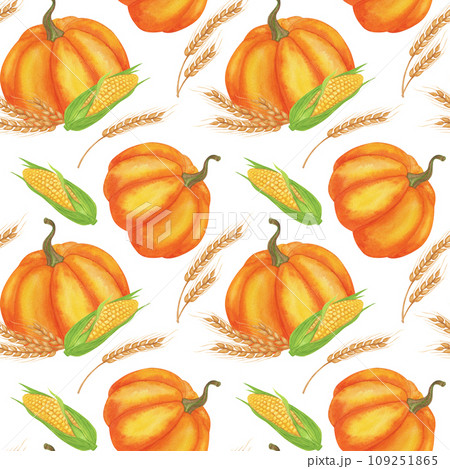 Seamless pattern with pumpkin, corn, ears of wheat. Harvest elements for holiday Thanksgiving, Kwanzaa. Autumn clip art. Hand drawn watercolor illustration isolated background. 109251865