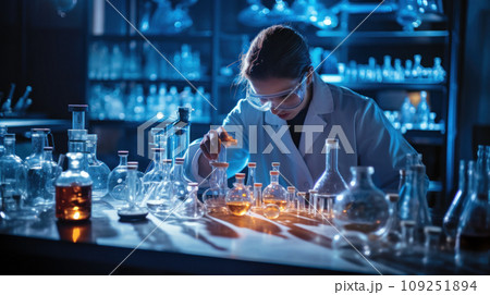 Young woman chemist, medical worker, student or assistant works in modern chemistry laboratory. Female scientist is in lab. Concept of test, biotechnology, research, science, people 109251894