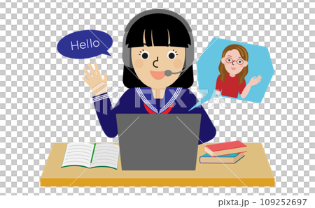 身穿水手服、戴著耳機與母語教練進行線上英語對話的女中學生和高中生的前視圖 身穿水手服、戴著耳機與母語教練進行線上英語對話的女中學生和高中生的前視圖 109252697